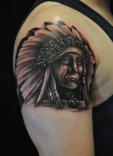 Black Ink Indian Chief Tattoo On Right Shoulder