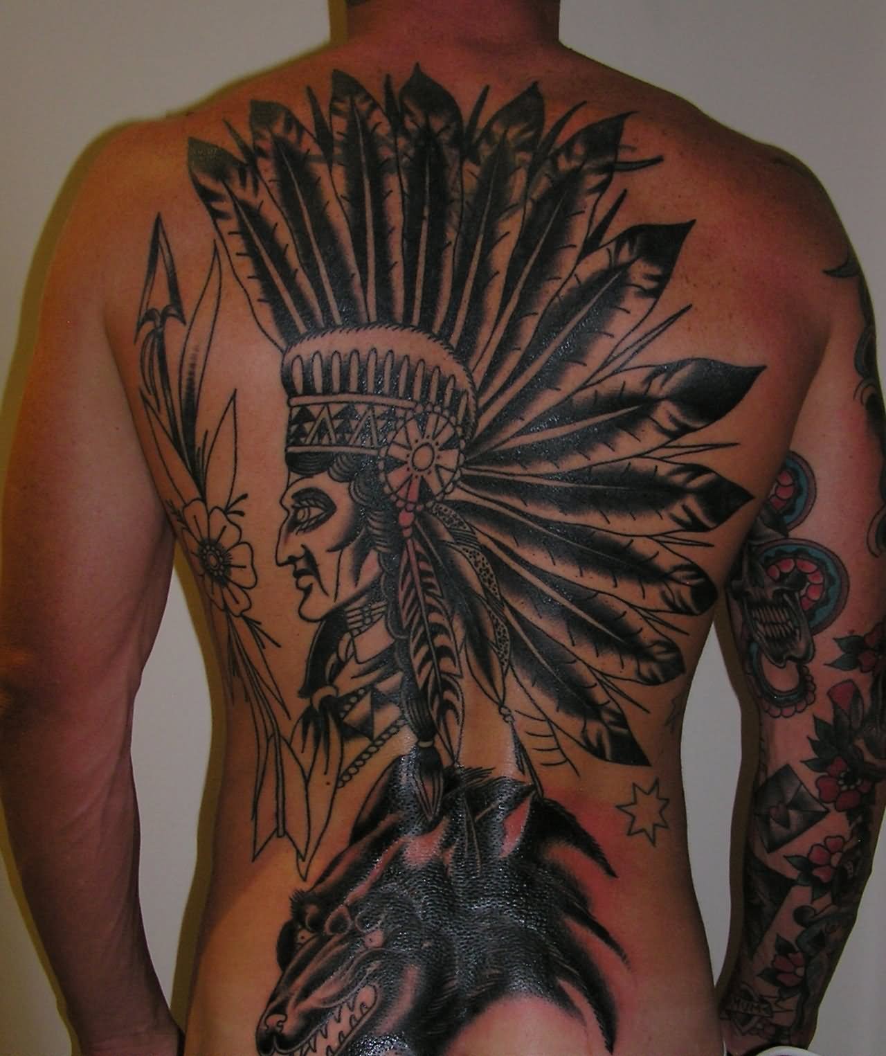 Black Ink Indian Chief With Wolf Tattoo On Full Back