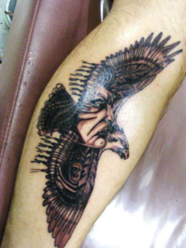Black Ink Indian Flying Eagle Tattoo Design For Leg