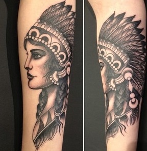 Black Ink Indian Native Girl Face Tattoo Design For Sleeve