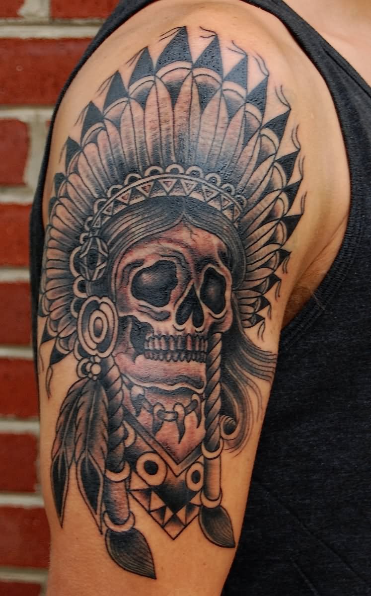Black Ink Native Indian Skull Tattoo On Right Half Sleeve