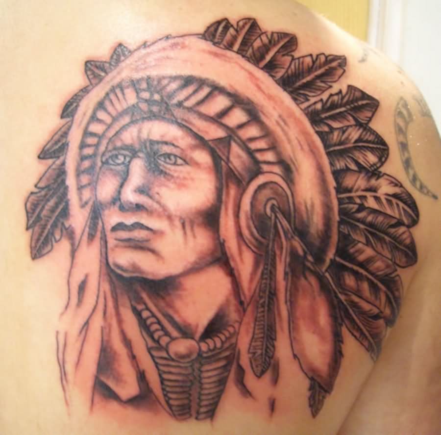 Black Ink Native Indian Tattoo On Right Back Shoulder