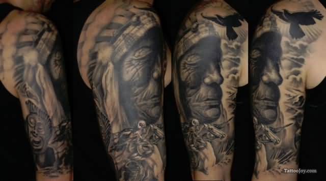 Black Ink Native Indian With Flying Crow Tattoo On Half Sleeve