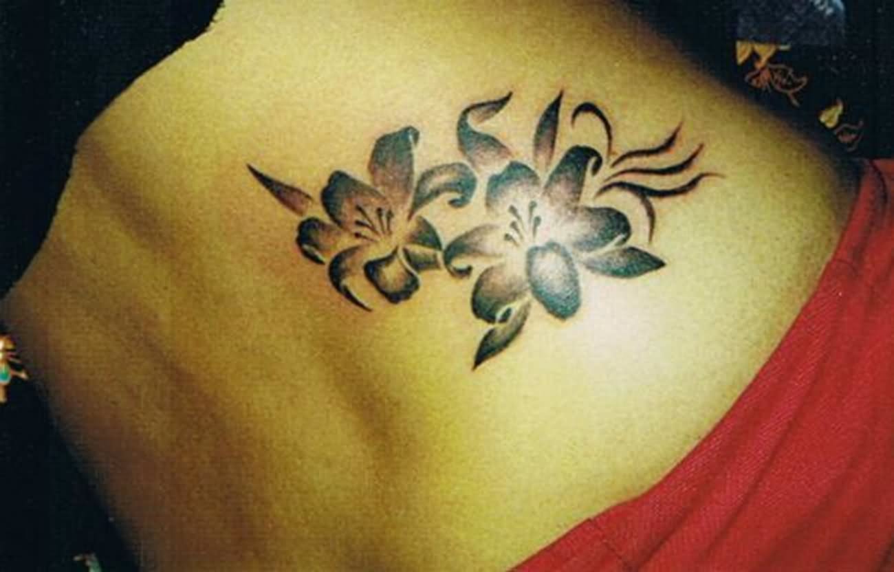 Black Ink Nature Flowers Tattoo On Side Rib