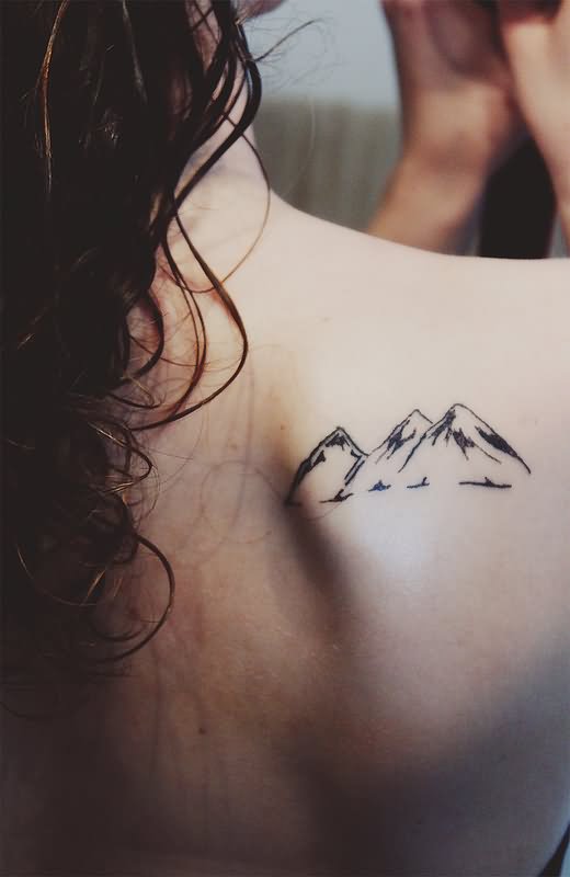 Black Ink Nature Mountains Tattoo On Girl Right Back Shoulder