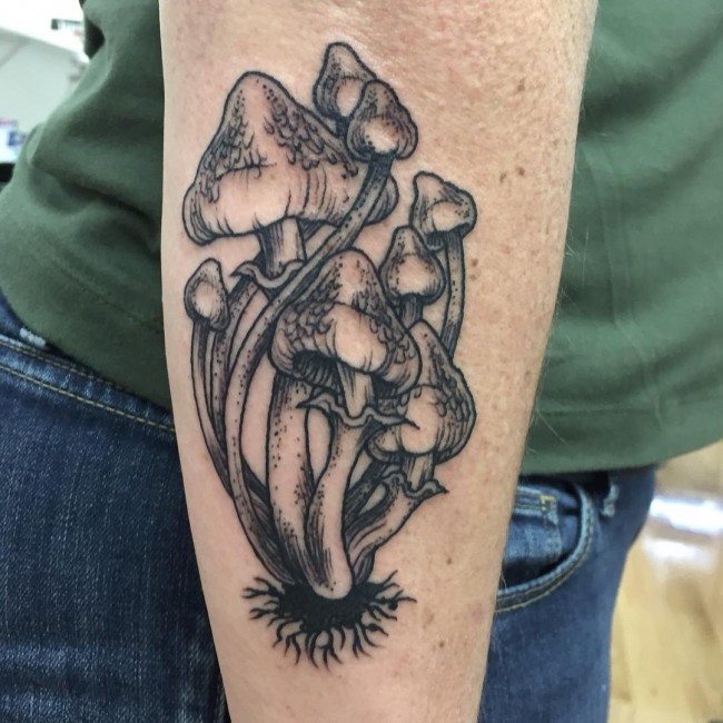 Black Ink Nature Mushroom Tattoo On Right Half Sleeve