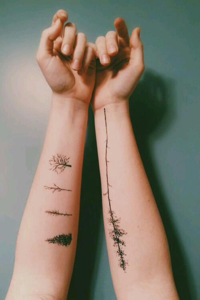 Black Ink Nature Tree Tattoo On Both Forearm