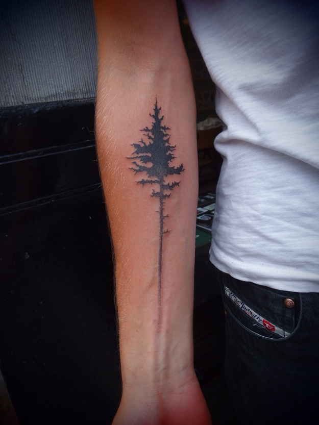 Black Ink Nature Tree Tattoo  On Right Forearm