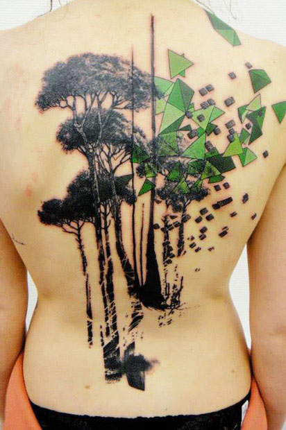 Black Ink Nature Trees Tattoo On Full Back