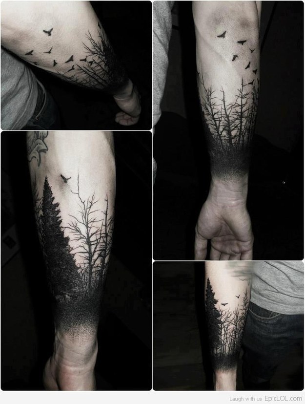 Black Ink Nature Trees With Flying Birds Tattoo On Arm