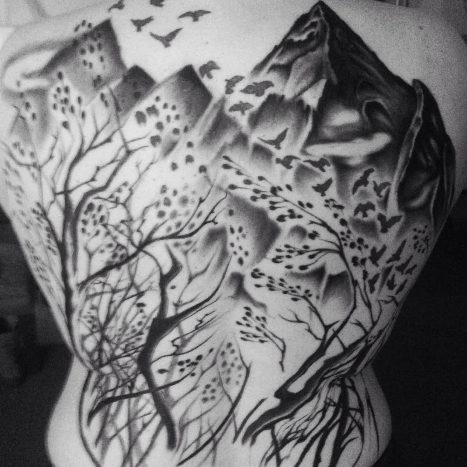 Black Ink Nature Trees With Flying Birds Tattoo On Full Back