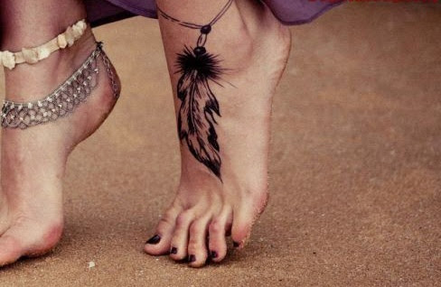Black Ink Rosary Feather Tattoo On Girl Left Foot