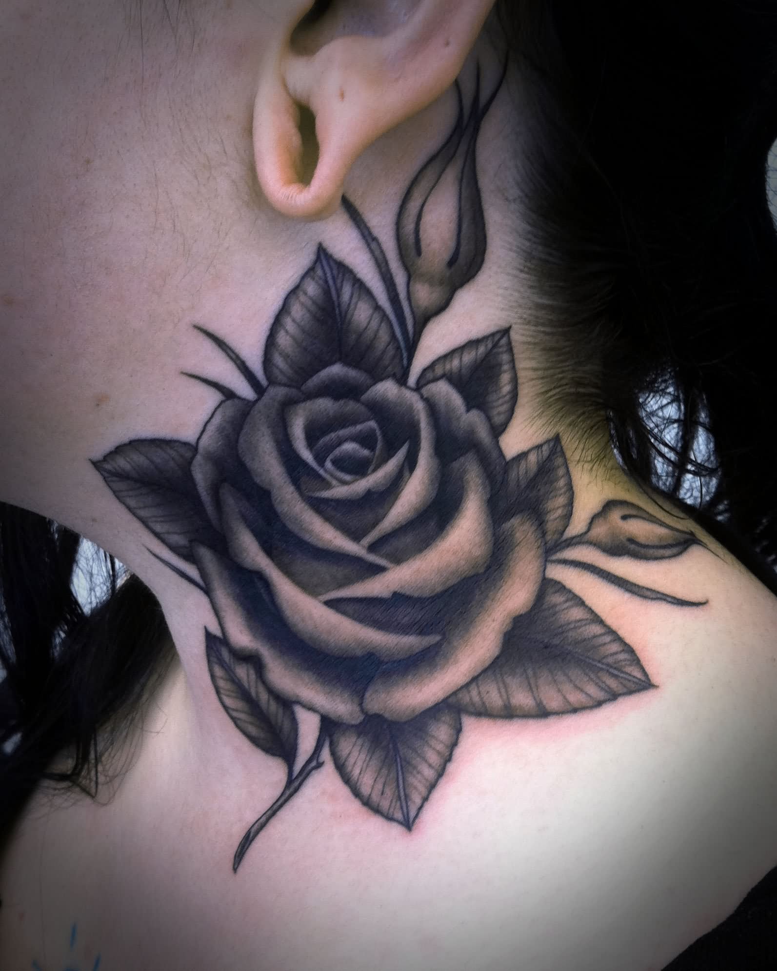 Black Ink Rose Tattoo On Girl Side Neck