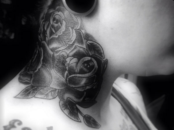Black Ink Roses Tattoo On Side Neck