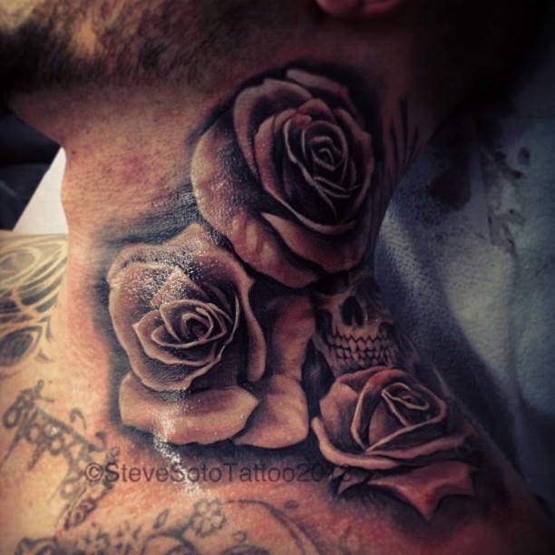 Black Ink Roses With Skull Tattoo On Man Side Neck