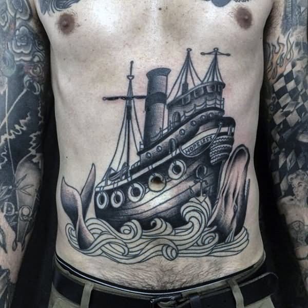 Black Ink Ship With Whale Tattoo Design For Men Stomach
