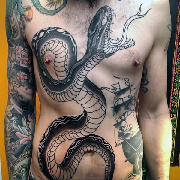 Black Ink Snake Tattoo On Man Stomach