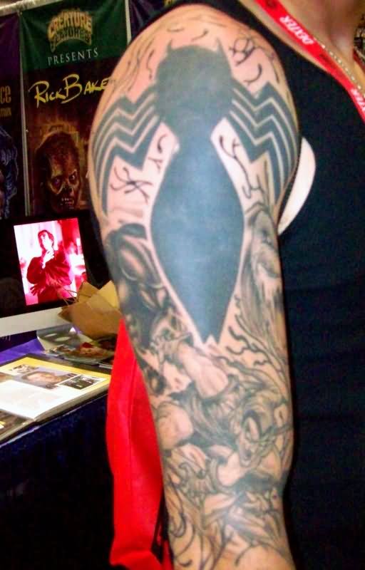 Black Ink Spiderman Tattoo On Right Sleeve