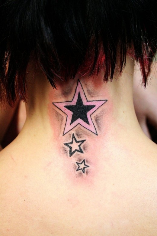 Black Ink Stars Tattoo On Girl Back Neck