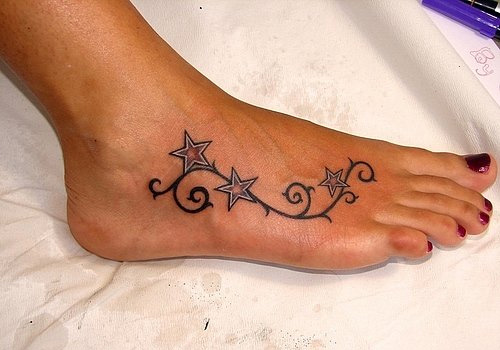 Black Ink Stars Tattoo On Girl Right Foot