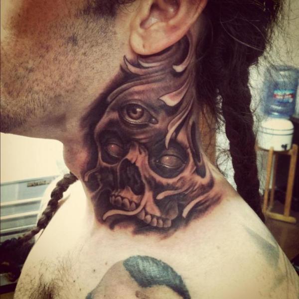 Black Ink Three Eyed Gothic Skull Tattoo On Man Side Neck By Josh Duffy