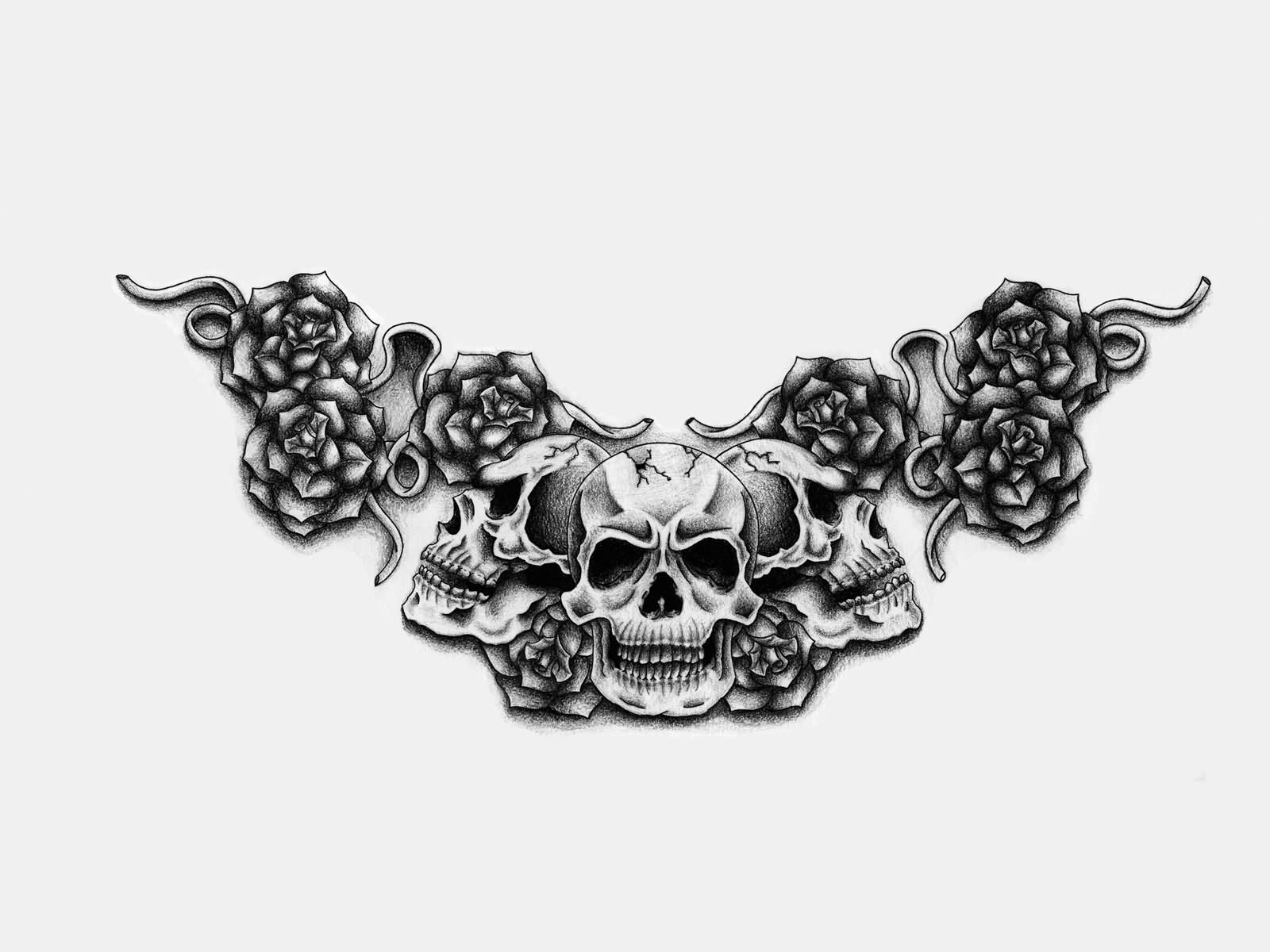 Black Ink Three Gothic Skulls With Roses Tattoo Design