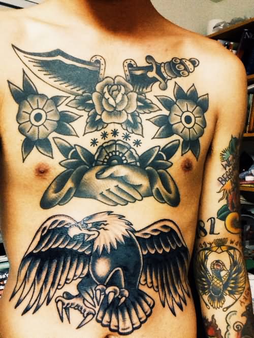 Black Ink Traditional Eagle Tattoo On Man Stomach By Shon Lindauer