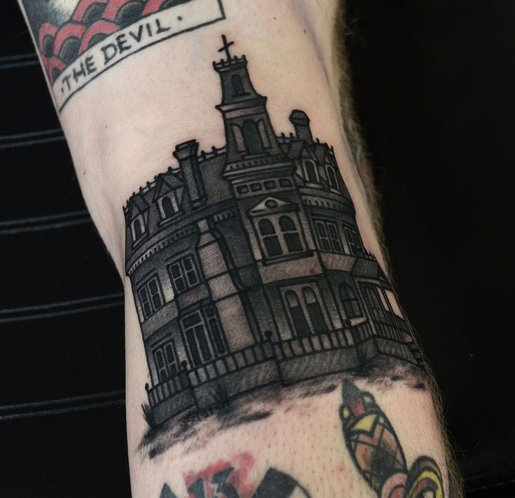 Black Ink Traditional Haunted House Tattoo by Philip Yarnell