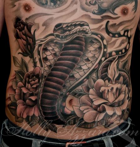 Black Ink Traditional Snake With Flowers Tattoo On Man Stomach