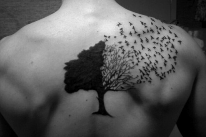 Black Ink Unique Nature Tree With Flying Birds Tattoo On Upper Back