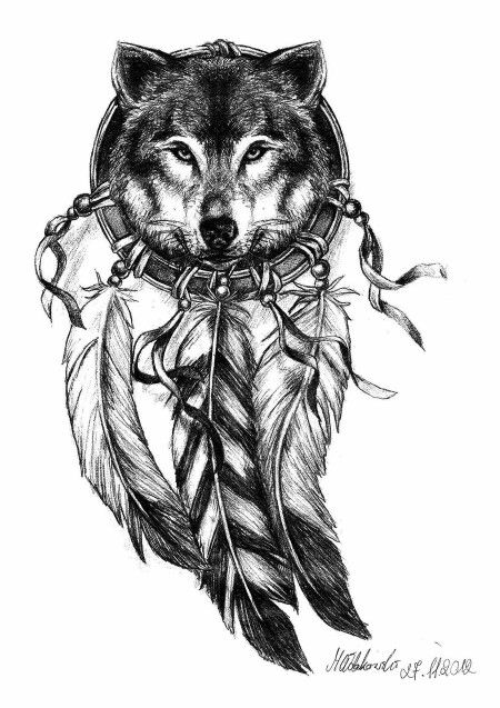 Black Ink Wolf Head In Dreamcatcher Tattoo Design