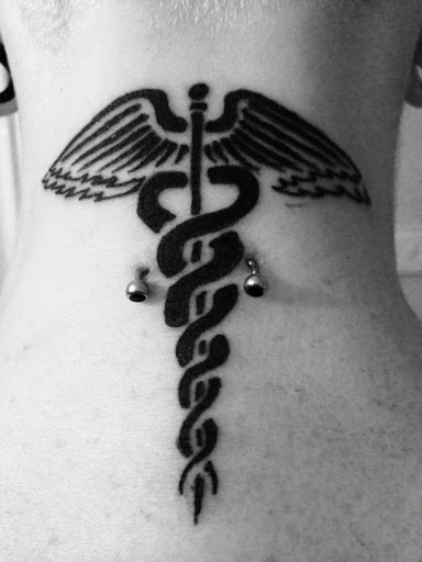 Black Medical Symbol Tattoo Design For Back Neck