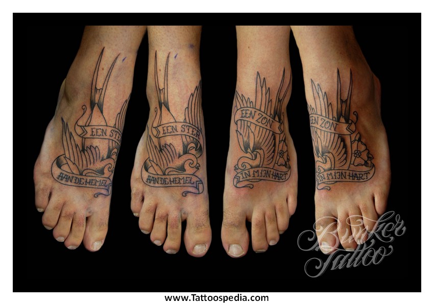 Black Outline Bird With Banner Tattoo Design For Men Foot