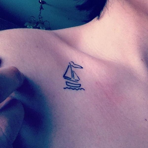 Black Outline Boat Tattoo On Girl Collar Bone