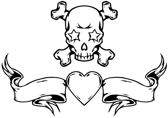 Black Outline Gothic Danger Skull With Heart And Ribbon Tattoo Design