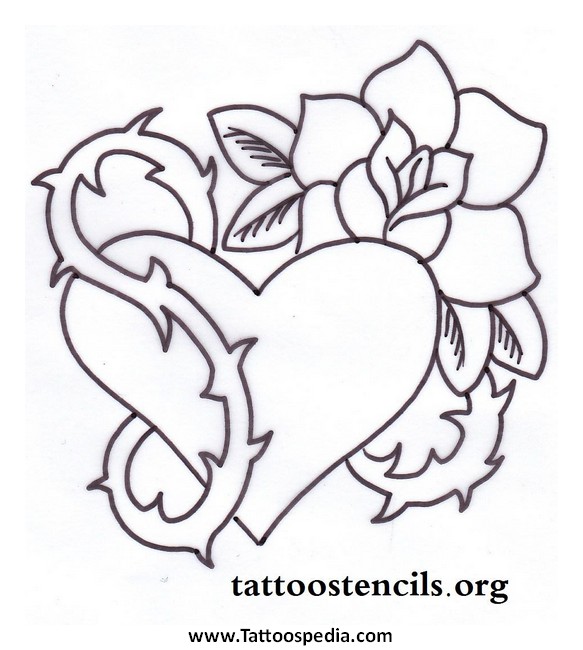 Black Outline Gothic Heart With Rose Tattoo Stencil