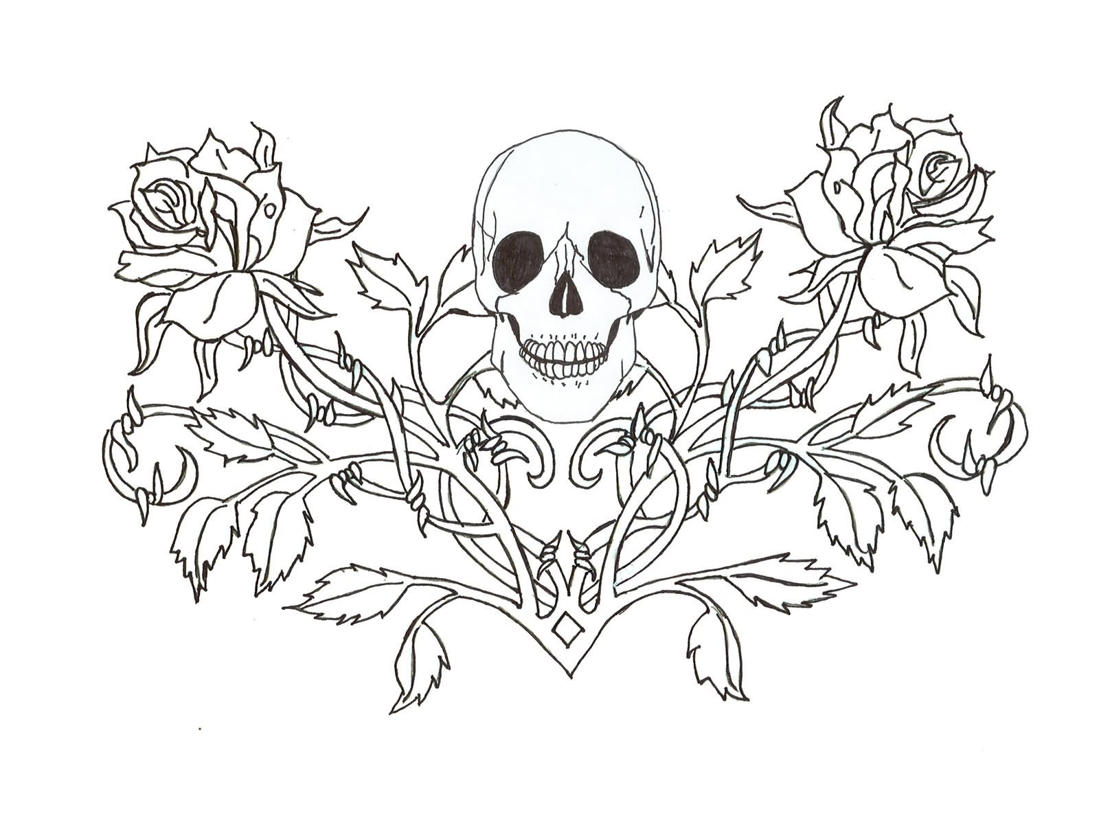 Black Outline Gothic Skull With Roses Tattoo Design