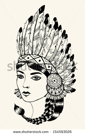 Black Outline Indian Chief Female Tattoo Stencil