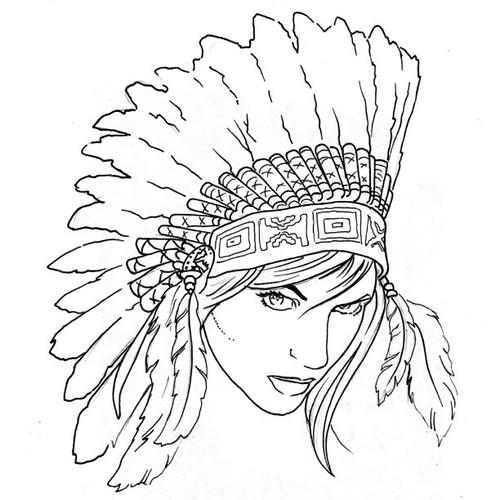 Black Outline Indian Native Girl Face Tattoo Stencil