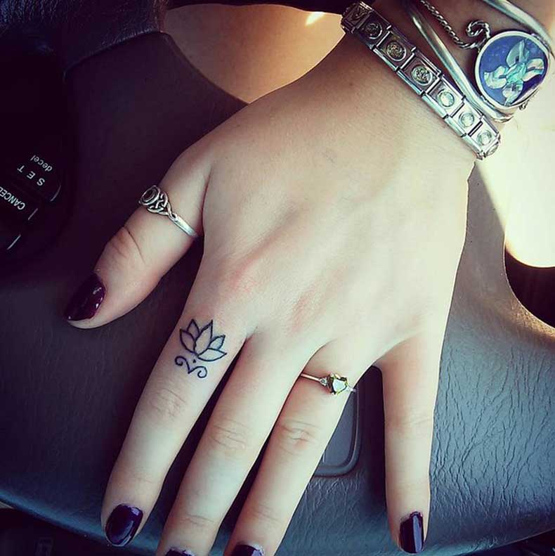 Black Outline Lotus Flower Tattoo On Girl Finger