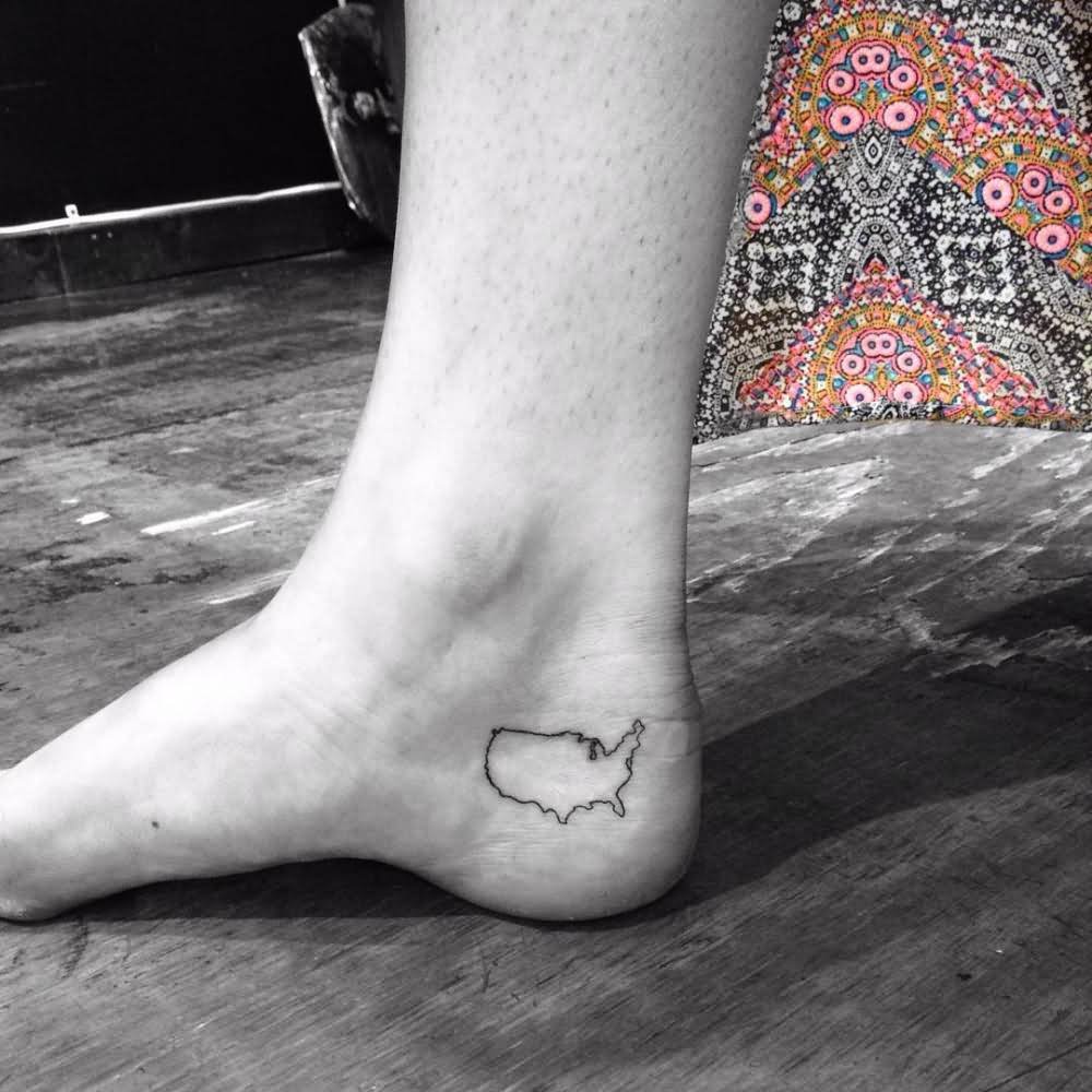Black Outline Map Tattoo On Inner Ankle