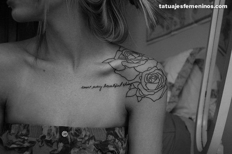 Black Outline Roses Tattoo On Girl Left Collar Bone