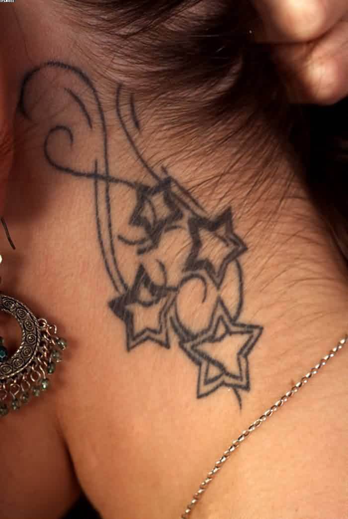 Black Outline Stars Tattoo On Girl Side Neck