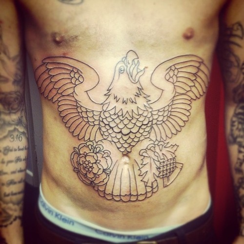 Black Outline Traditional Eagle With Roses Tattoo On Man Stomach