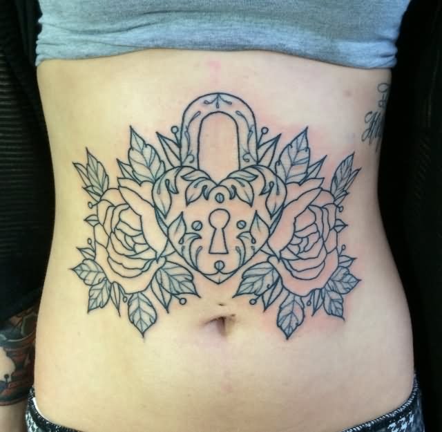 Black Outline Traditional Heart Lock And Roses Tattoo On Girl Stomach