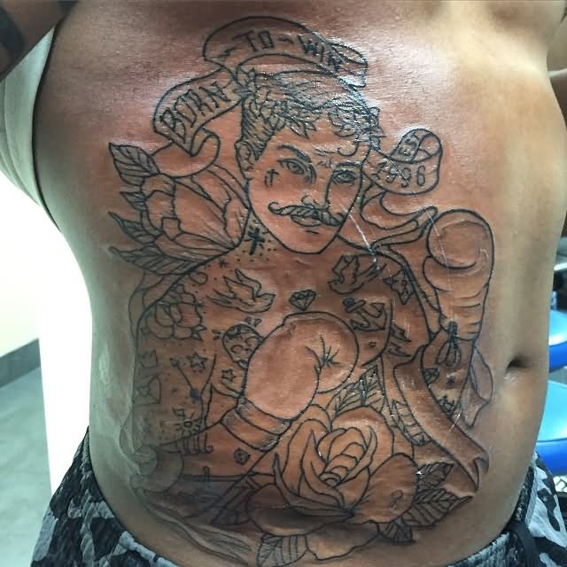 Black Outline Traditional With Banner Tattoo On Stomach