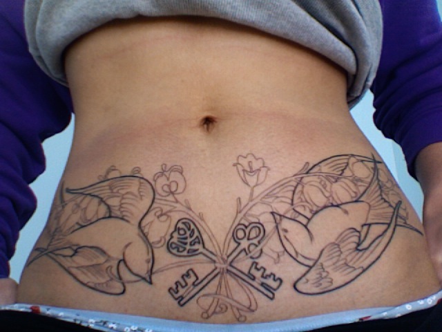 Black Outline Two Crossing Key And Birds Tattoo On Girl Stomach