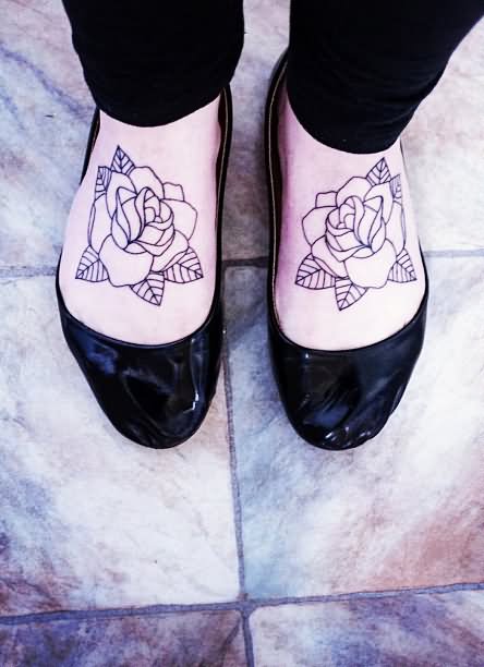 Black Outline Two Rose Tattoo On Both Feet By Elyxian