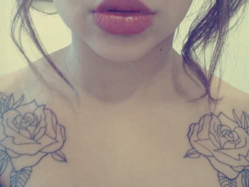 Black Outline Two Rose Tattoo On Girl Collar Bone