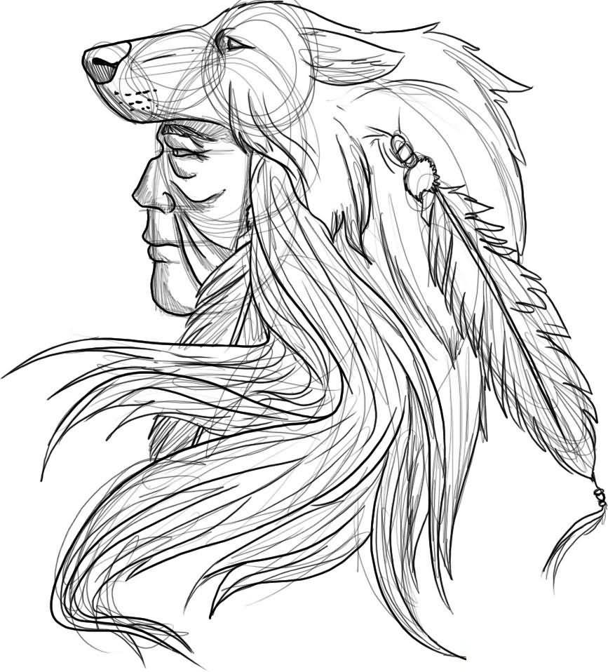 Black Outline Wolf Head Indian Chief Tattoo Design